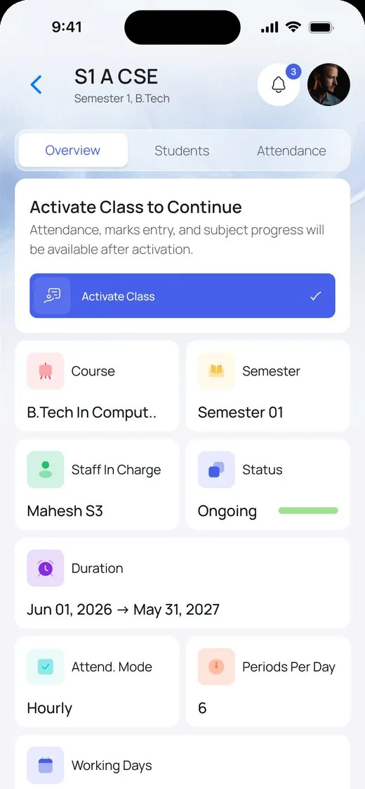 SchoolApp class overview screen